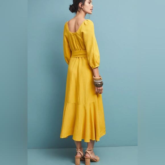 Maeve By Anthropologie Artemis Yellow Belted Asymmetric Midi Dress Size 2 - Picture 7 of 14